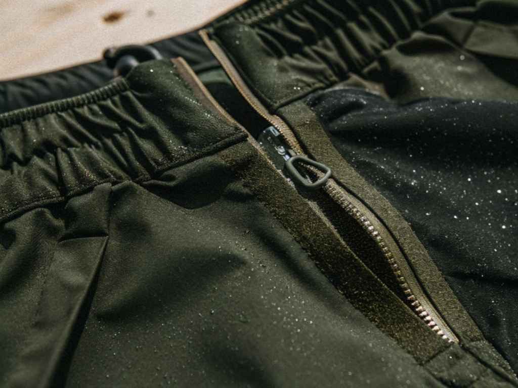 Detail of green running shorts with zipper and water droplets