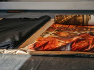 Colorful artistic fabric patterns laid beside dark folded shirt.