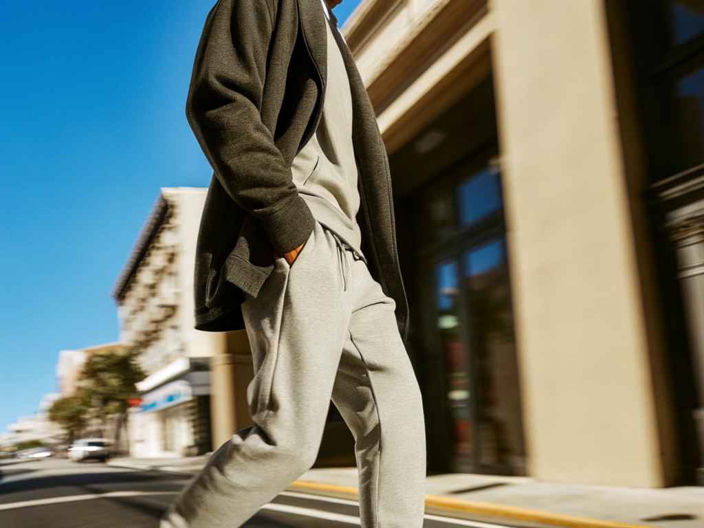 Man in grey jogger set walking briskly on sunny city street
