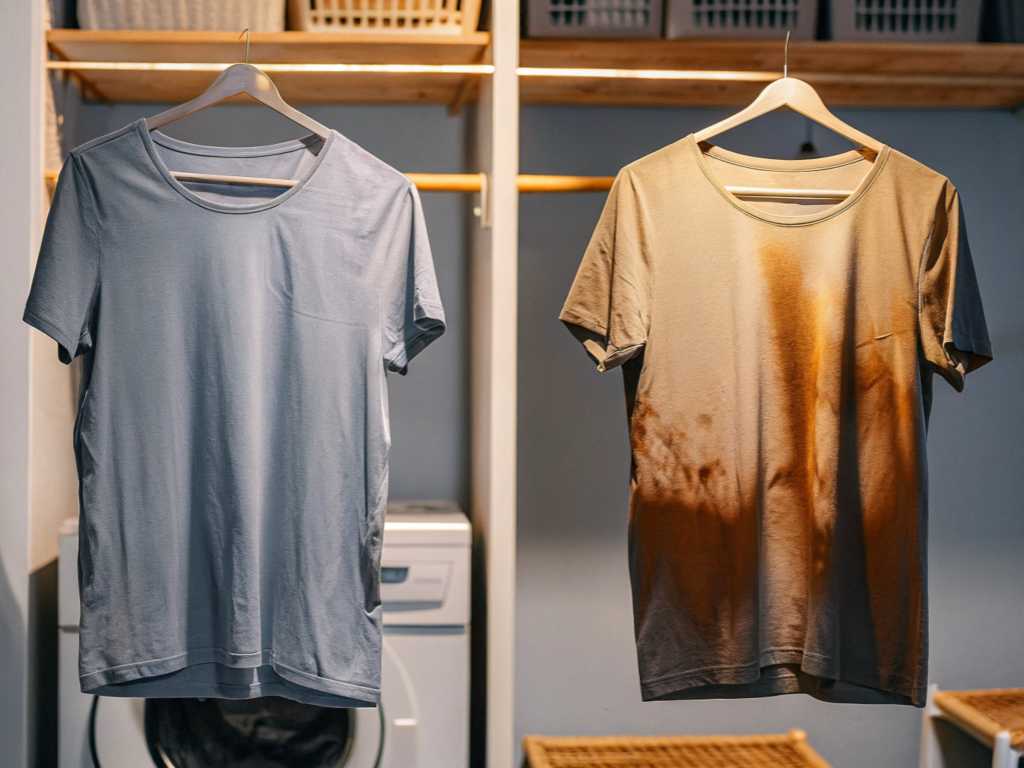 Two hanging shirts showing clean and heavily stained comparison.