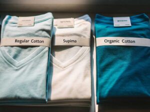 Folded shirts labeled Regular, Supima, and Organic Cotton types.