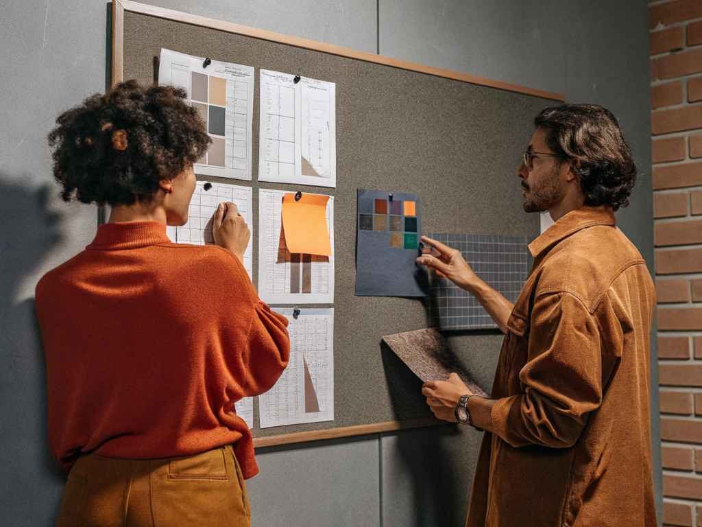 Two designers reviewing fabric swatches and design charts on bulletin board.