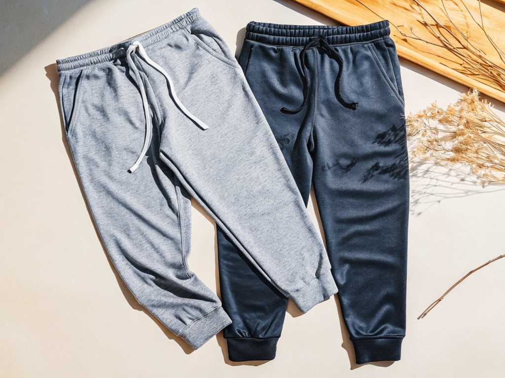 Light-grey and navy sweatpants side-by-side in sunlit flat lay