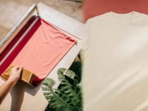 Split image showing coral dyeing and finished cream t-shirt product