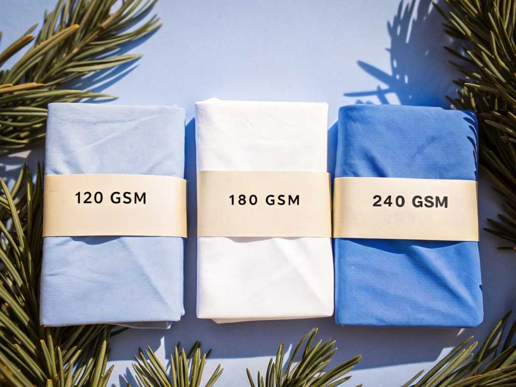 Three folded fabrics labeled 120 GSM, 180 GSM and 240 GSM on blue background