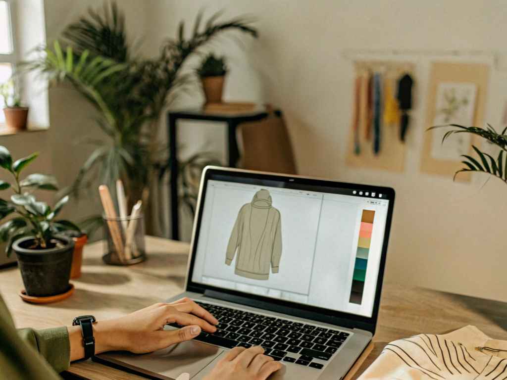 Person designing hoodie with color palette on laptop