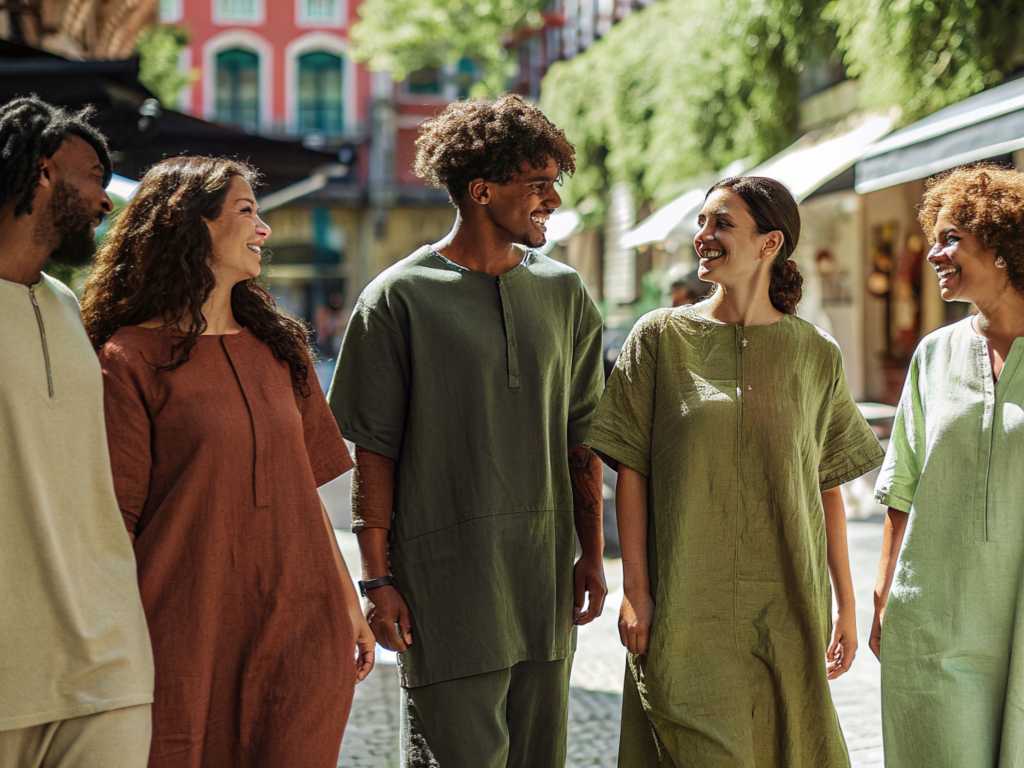 Group of diverse people wearing earth-tone linen outfits walking together outdoors
