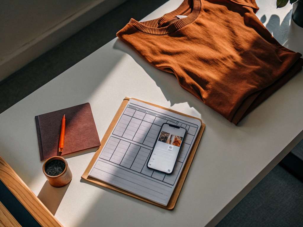 Rust sweatshirt, planner, phone and coffee on sunlit desk