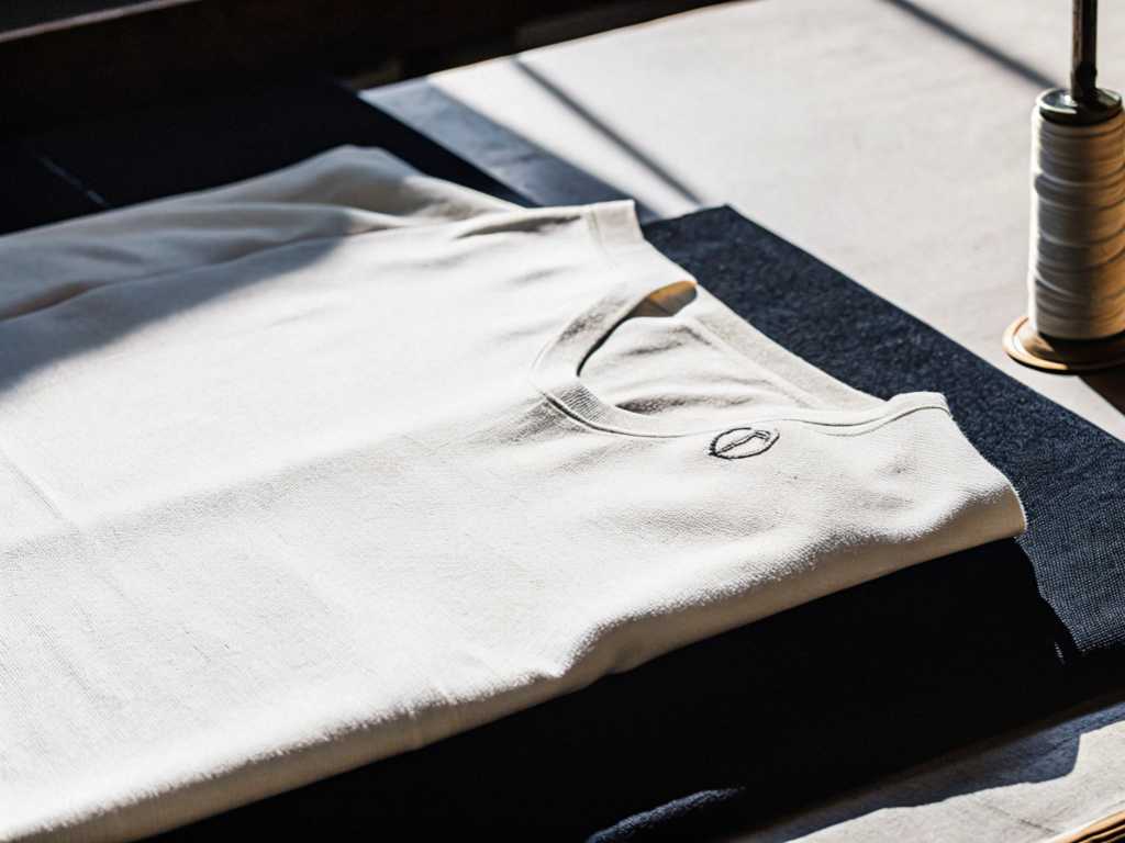 Ivory T-shirt with tiny embroidered circle logo lying on dark fabric pad, lit by window light