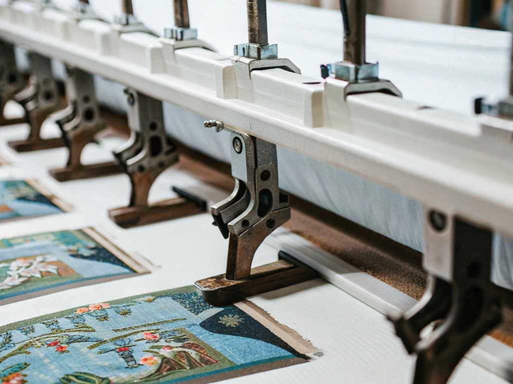 Row of metal embroidery machine clamps stitching colorful textile panels