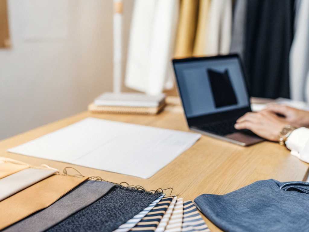 Designer laptop beside neutral swatch array on desk