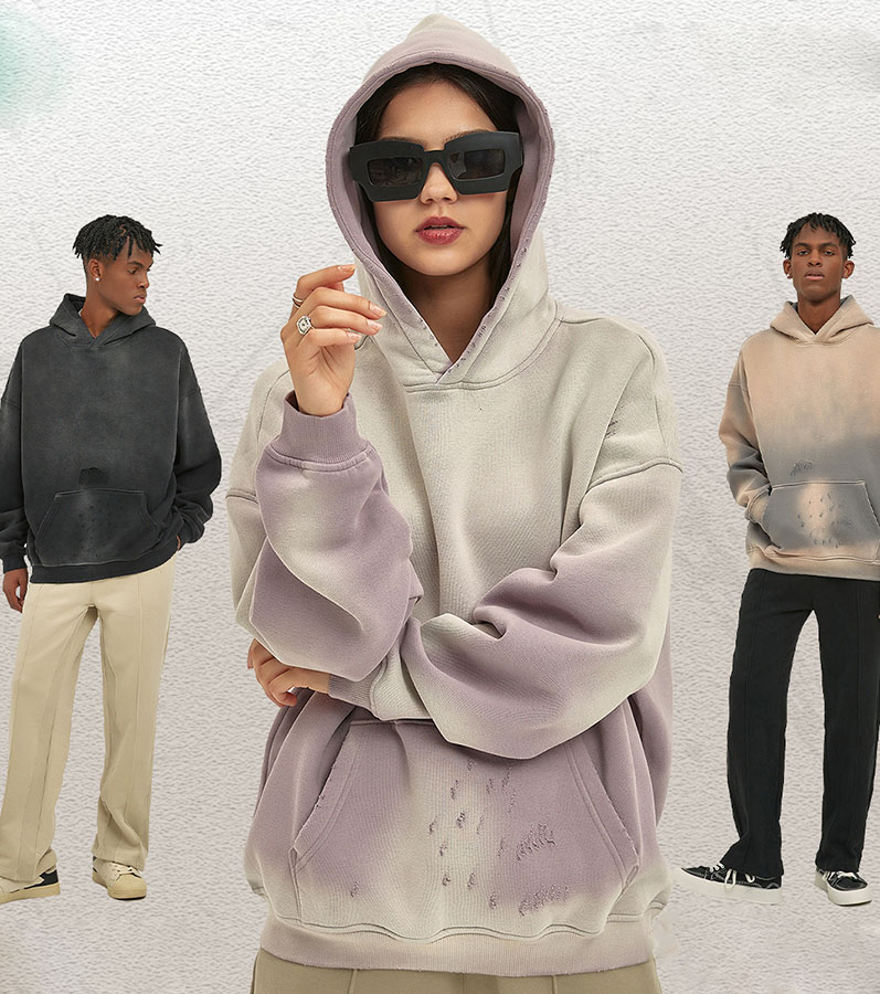 Oversized Washed Gradient Distressed Cotton Blend Streetwear Hoodie