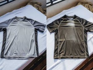 Side-by-side comparison of grey and black raglan athletic tops