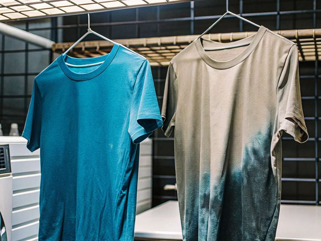 Teal shirt and beige dip-dye shirt hanging side-by-side on wire rack