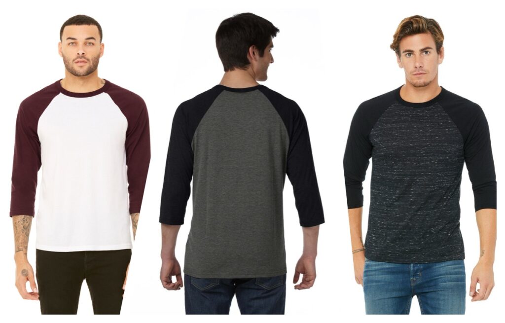 The image features three men modeling 3/4 sleeve raglan t-shirts. The first man wears a white shirt with maroon sleeves, the second is shown from the back wearing a gray shirt with black sleeves, and the third wears a dark heathered shirt with black sleeves. The shirts are casual and fitted, ideal for a sporty or laid-back look.