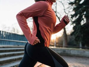 Woman running in red and black sportswear at sunset in urban park