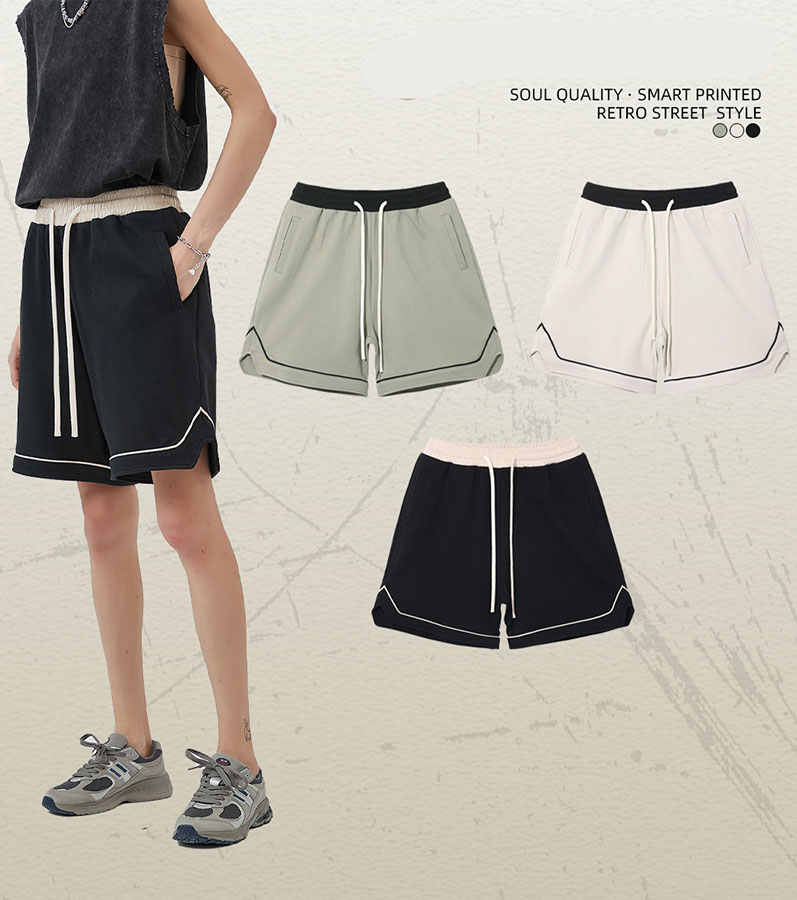 Retro Contrast Trim Rib Waist Cotton Blend Street Shorts