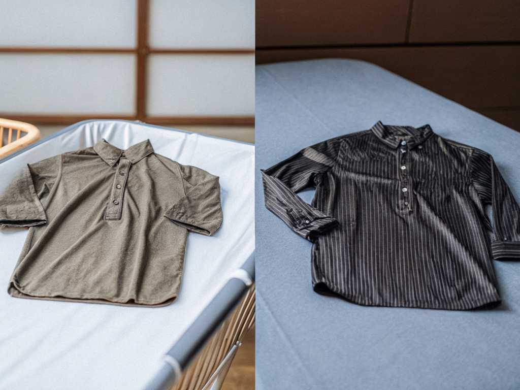Split view of olive polo and striped mandarin-collar shirt on bed