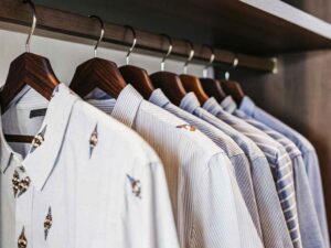 Striped and embroidered dress shirts hanging neatly on wooden hangers