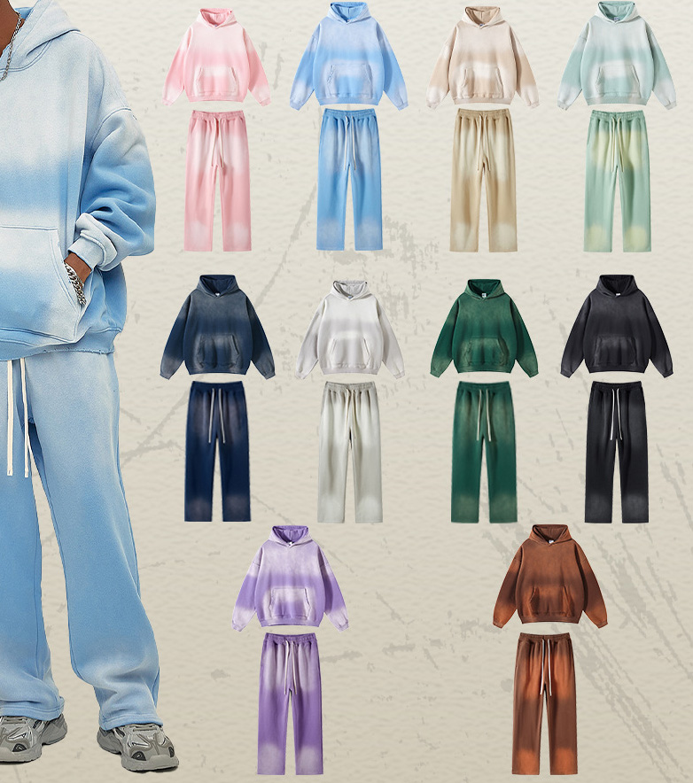 Spray-dyed distressed hooded sweatshirt