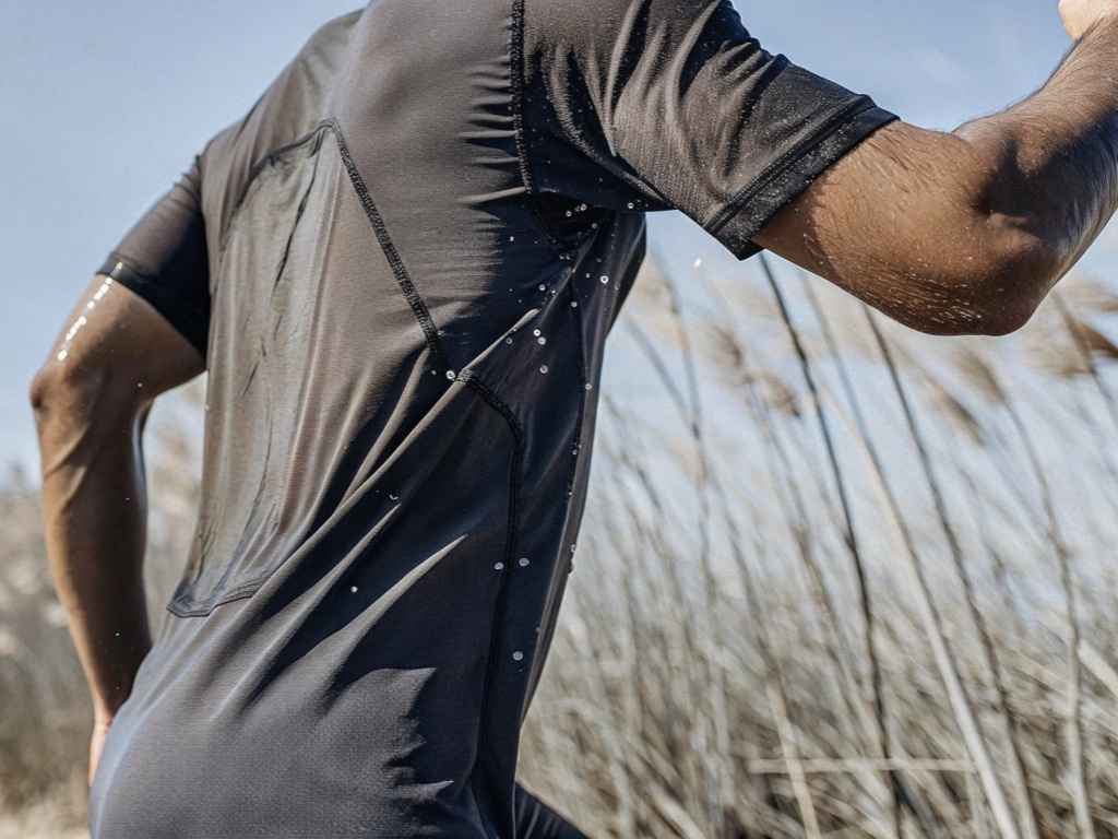 Rear view of sweaty runner in dark compression shirt outdoors