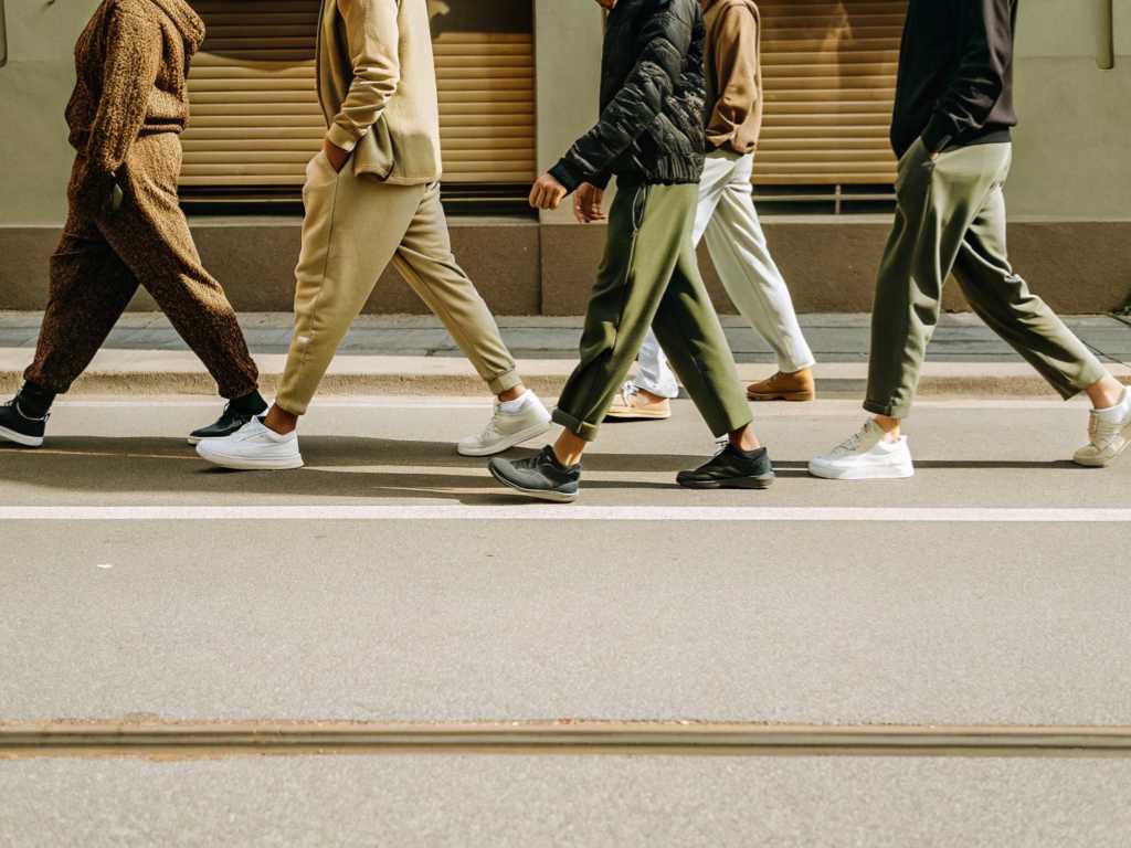 People walking in cropped jogger pants and sneakers along city street