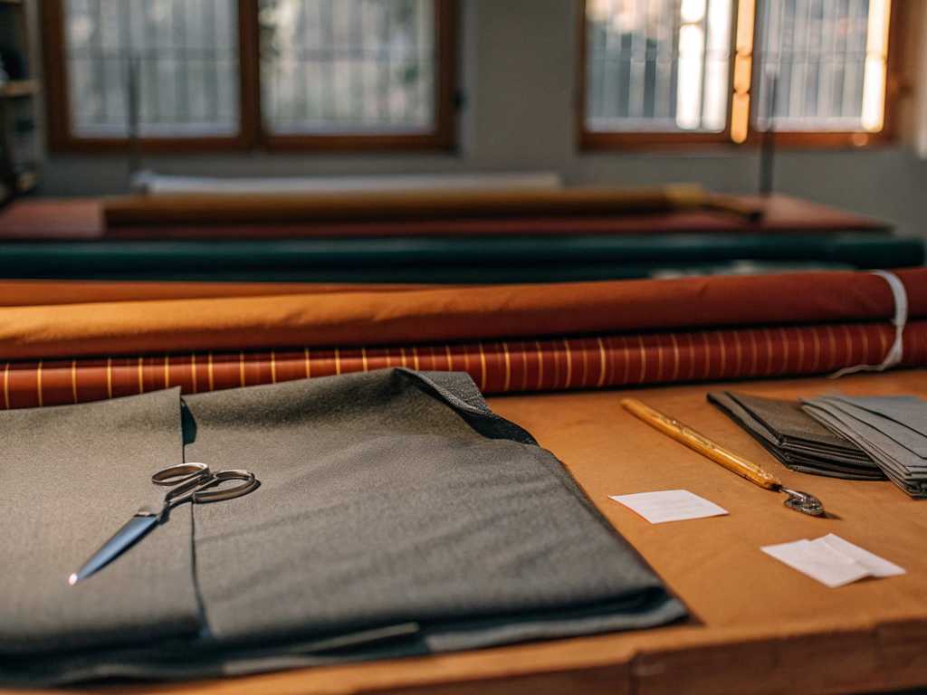 Scissors and charcoal suiting atop rolls of rich striped fabric