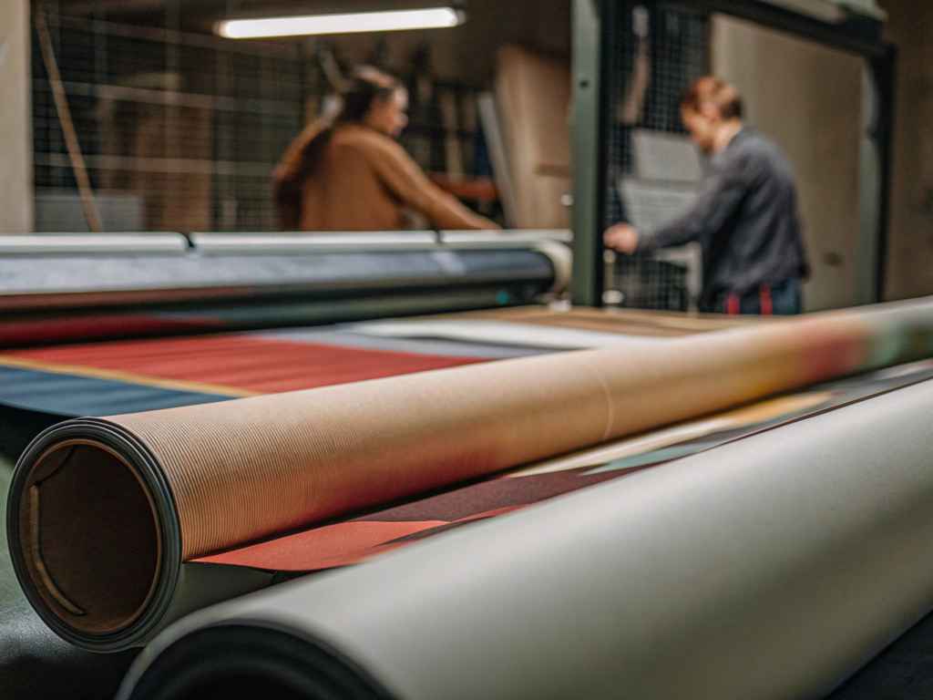 Large colorful fabric rolls on printer with workers in background
