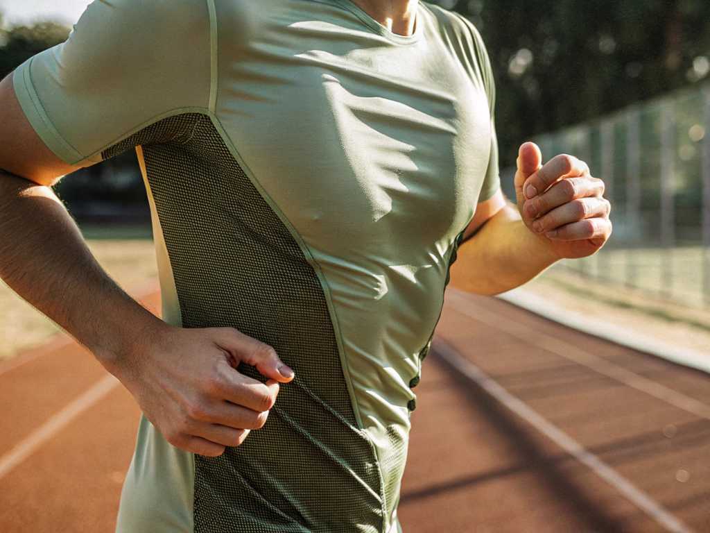 Close-up of runner in mint mesh performance shirt on track lanes