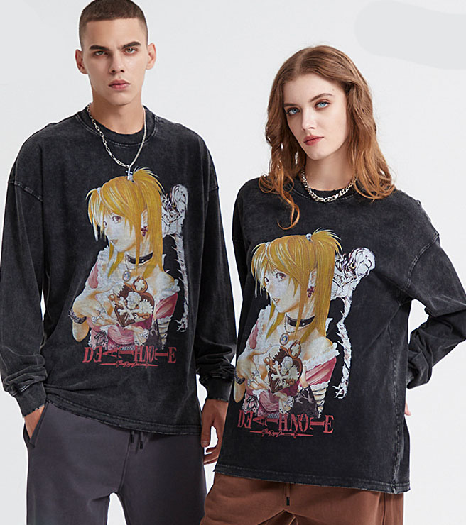 Washed Black Anime Graphic Long Sleeve T Shirt
