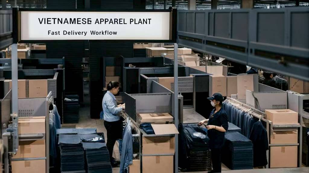 Workers organizing garments in a Vietnamese apparel plant.