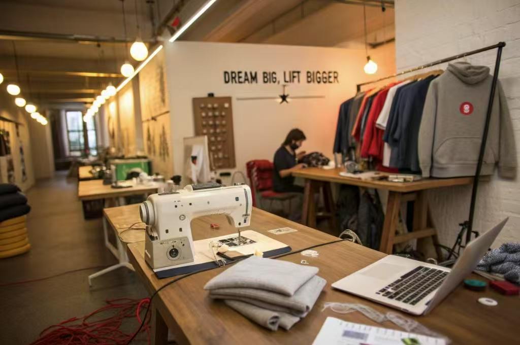 Sewing workspace with clothing racks, sewing machine, and hoodie display.
