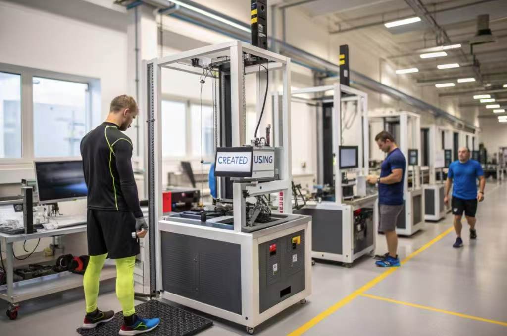 Men testing athletic gear using advanced textile equipment in lab.