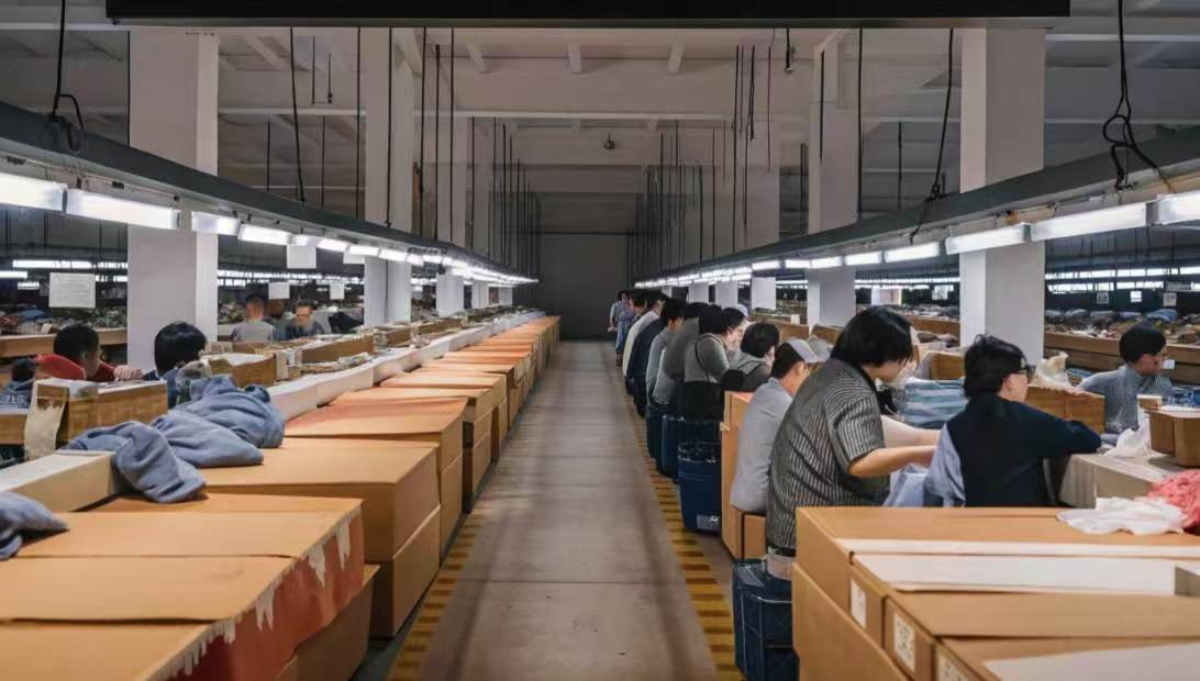 Workers sort and inspect garments under bright lighting in a long textile factory production line.