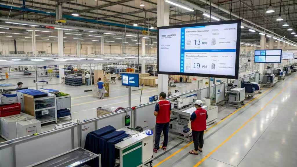 Workers in modern factory with digital production screens and machines