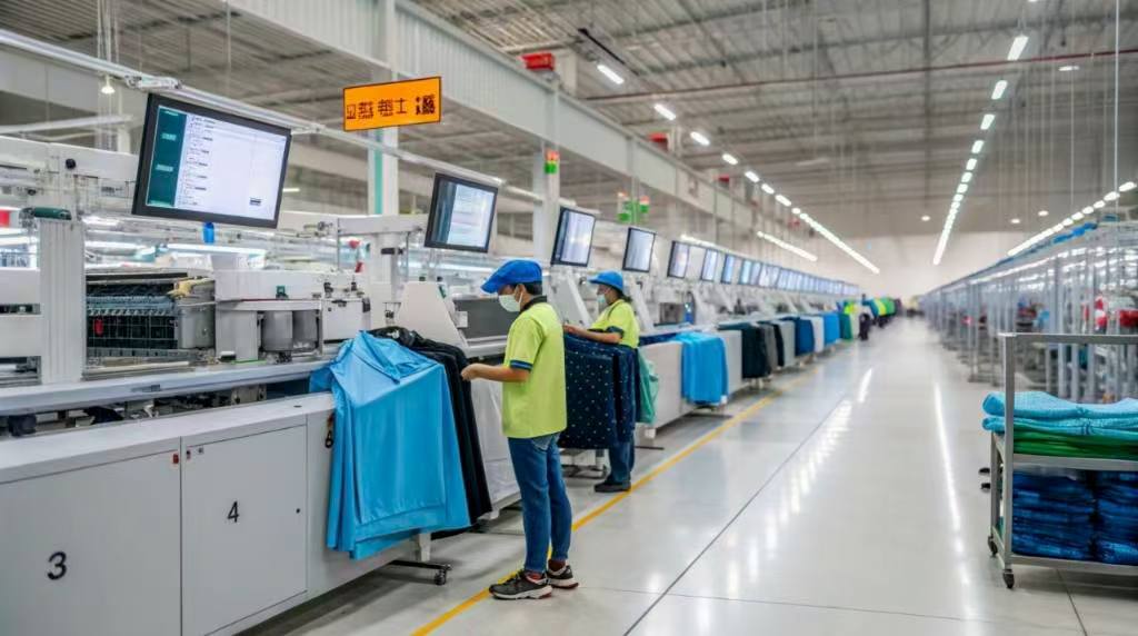 Workers operate high-tech garment manufacturing machines