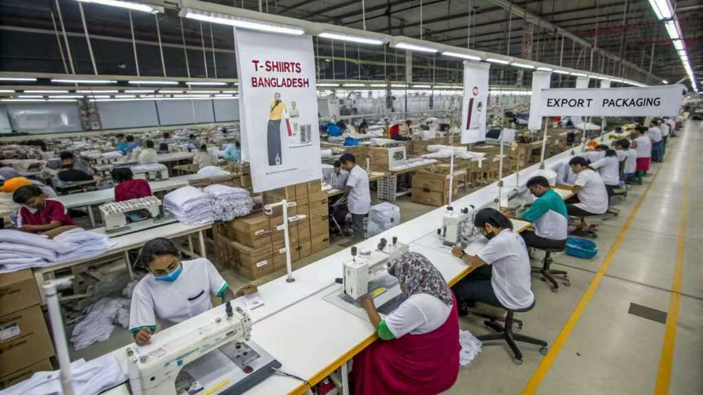 Workers sewing T-shirts in a Bangladesh garment factory