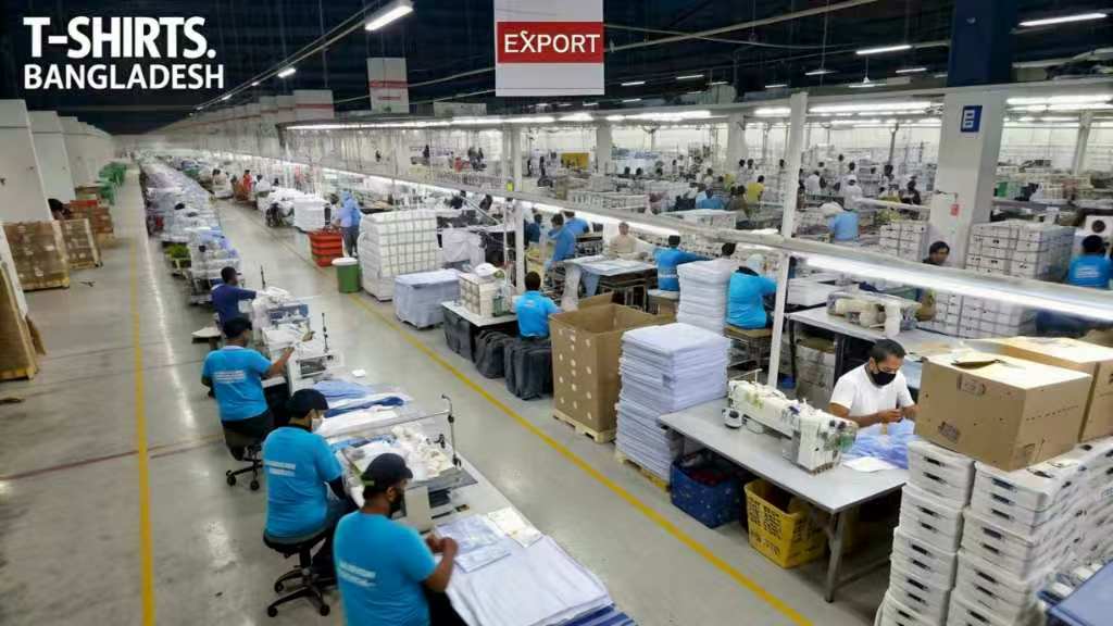 Workers producing T-shirts in Bangladesh garment factory
