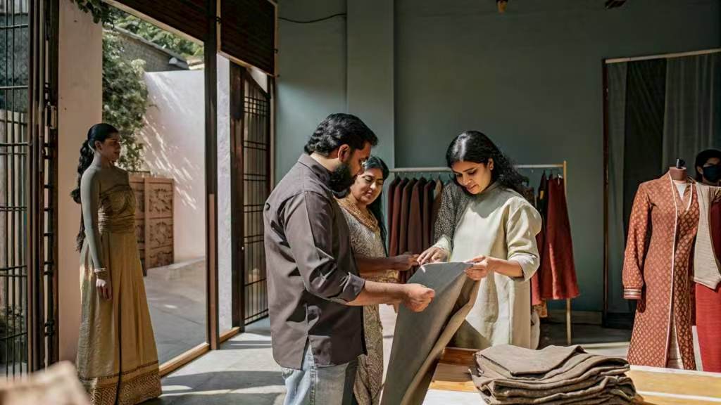 Designers examining fabric samples in a boutique showroom.