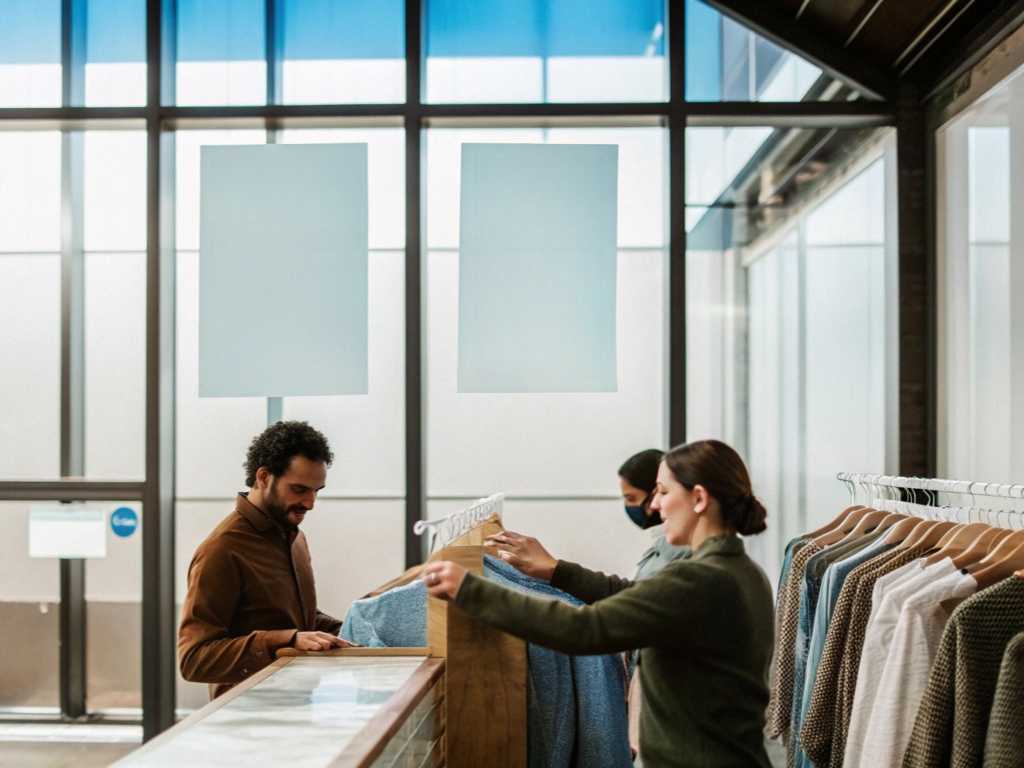 Customer browsing clothing racks in a stylish modern boutique.