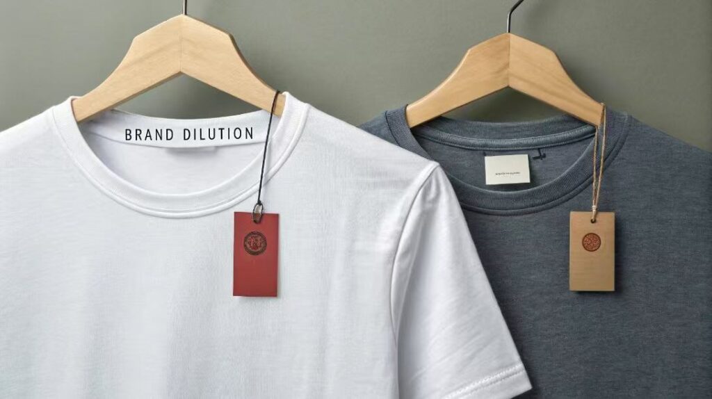 White and gray t-shirts on hangers with hangtags and visible labels.