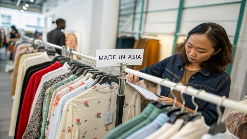 Woman inspecting clothes labeled 'Made in Asia' in retail store. Descript