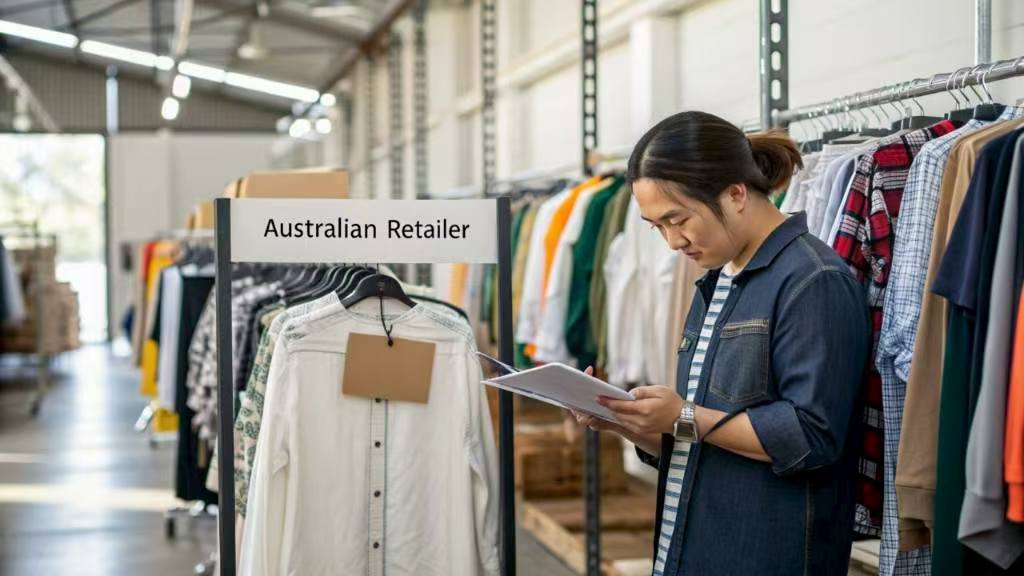 Man inspecting garments on rack labeled Australian Retailer.