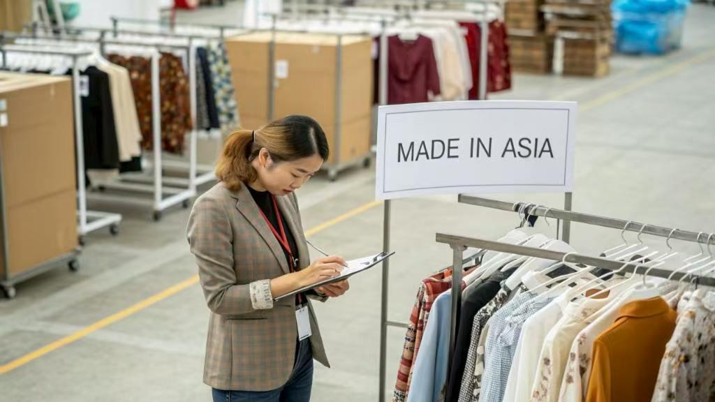 Woman inspecting garments labeled Made in Asia in a warehouse.