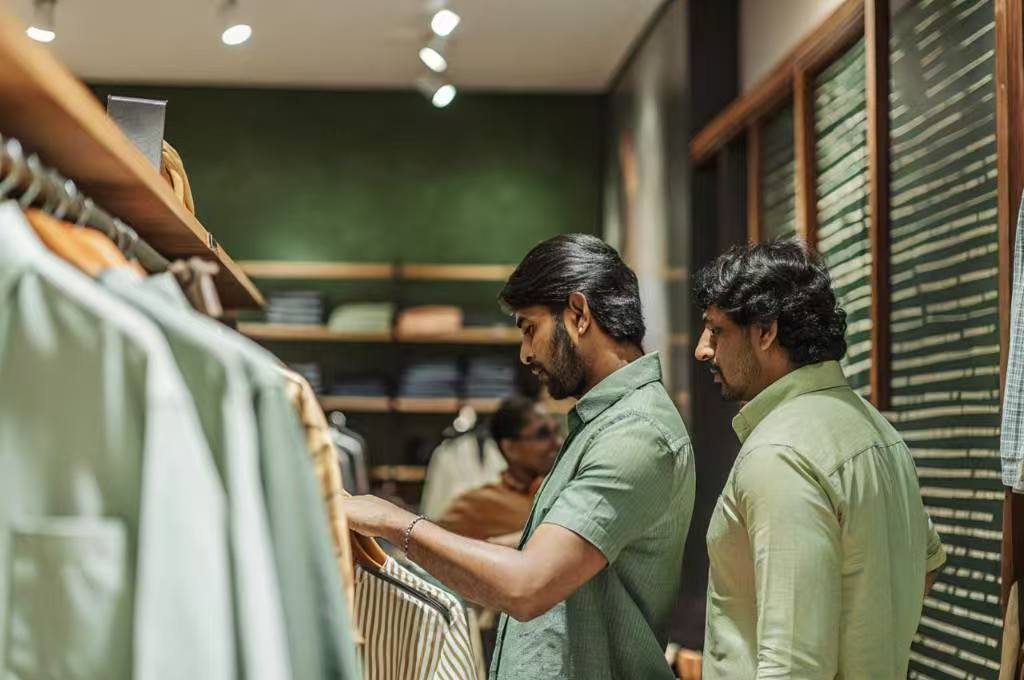 Two men browsing shirts in a modern retail store.