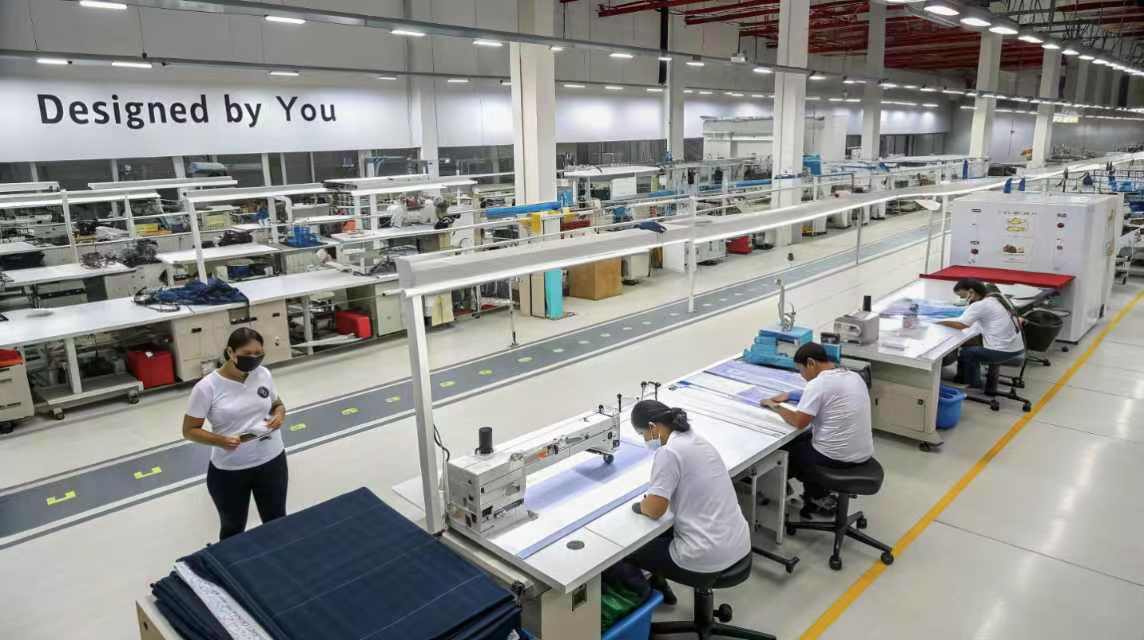 Factory workers sewing garments under “Designed by You” sign.