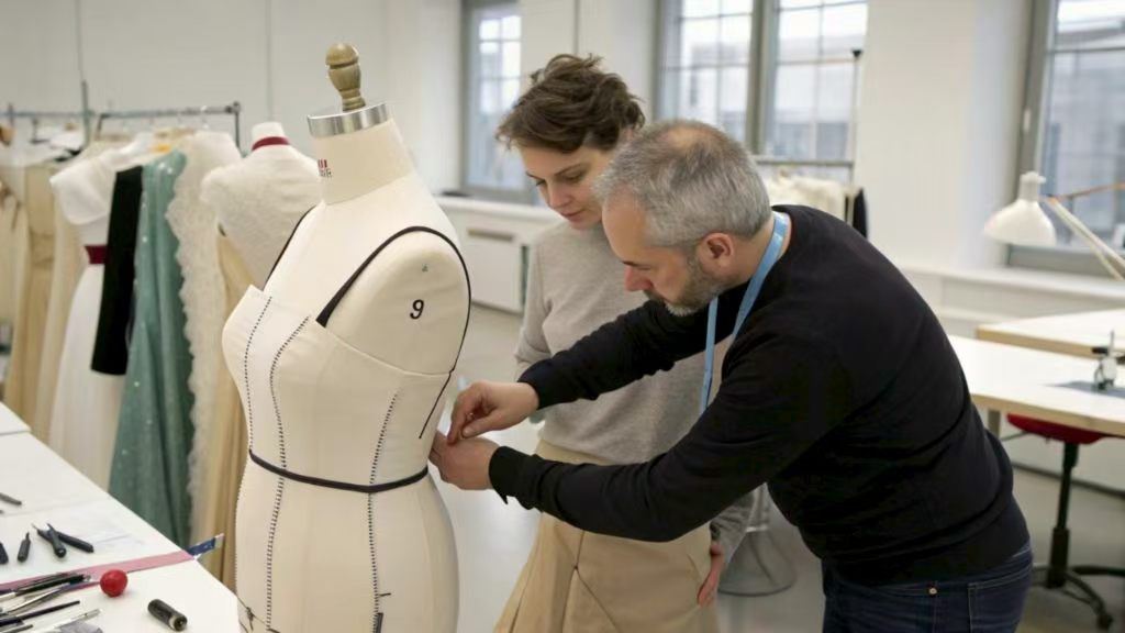 Fashion designers adjusting dress form for garment fitting