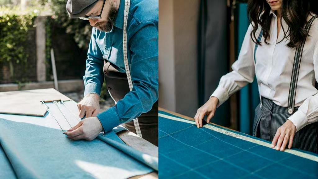 Tailors measuring and cutting blue fabric on large tables