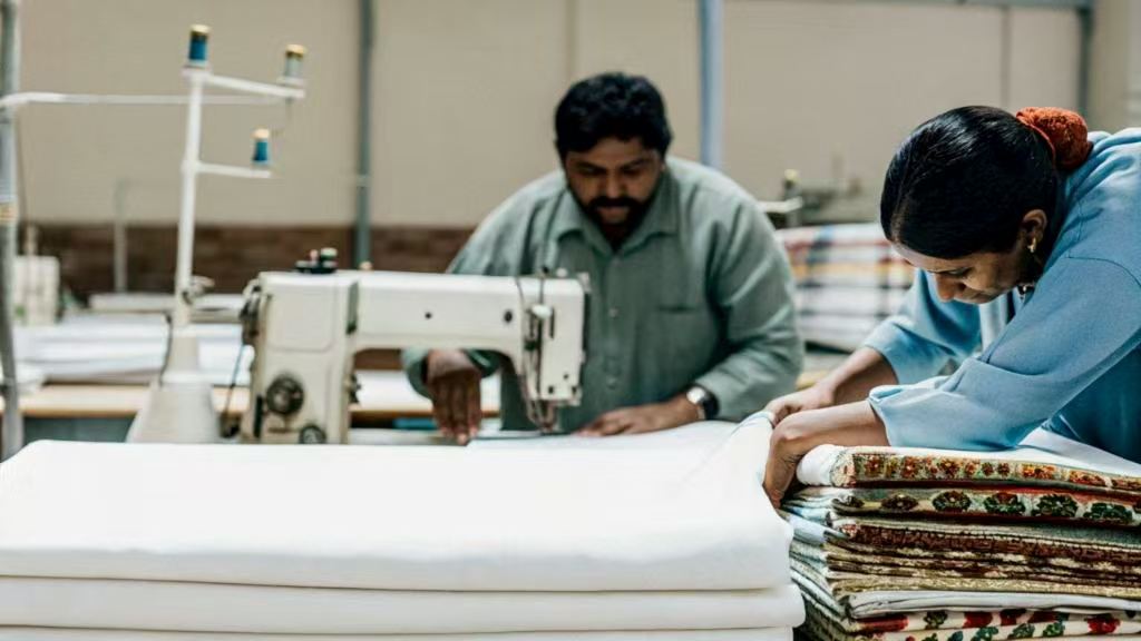Workers cutting fabric on a large table with sewing machine