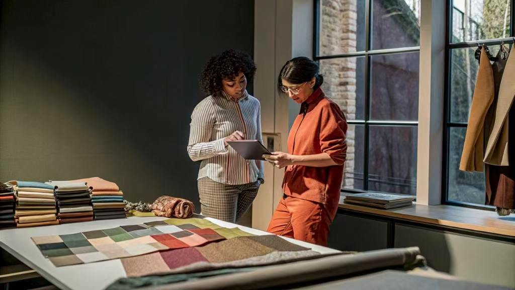 Two women discussing fabric samples in design studio
